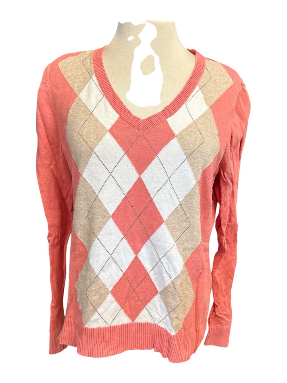 Izod Argyle V-Neck Sweater long sleeves 100% cotton Ribbed waist/cuffs Sz Large